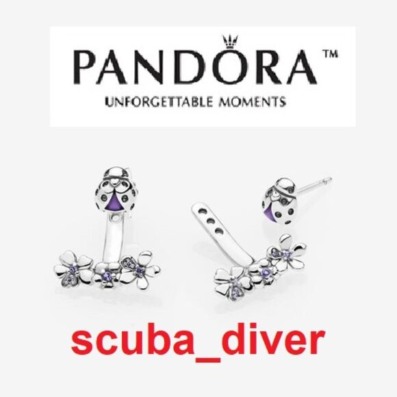 NEW Pandora Ladybird Ladybug Meadow Jacket Earrings Purple Enamel Cubic Zirconia - Picture 1 of 8